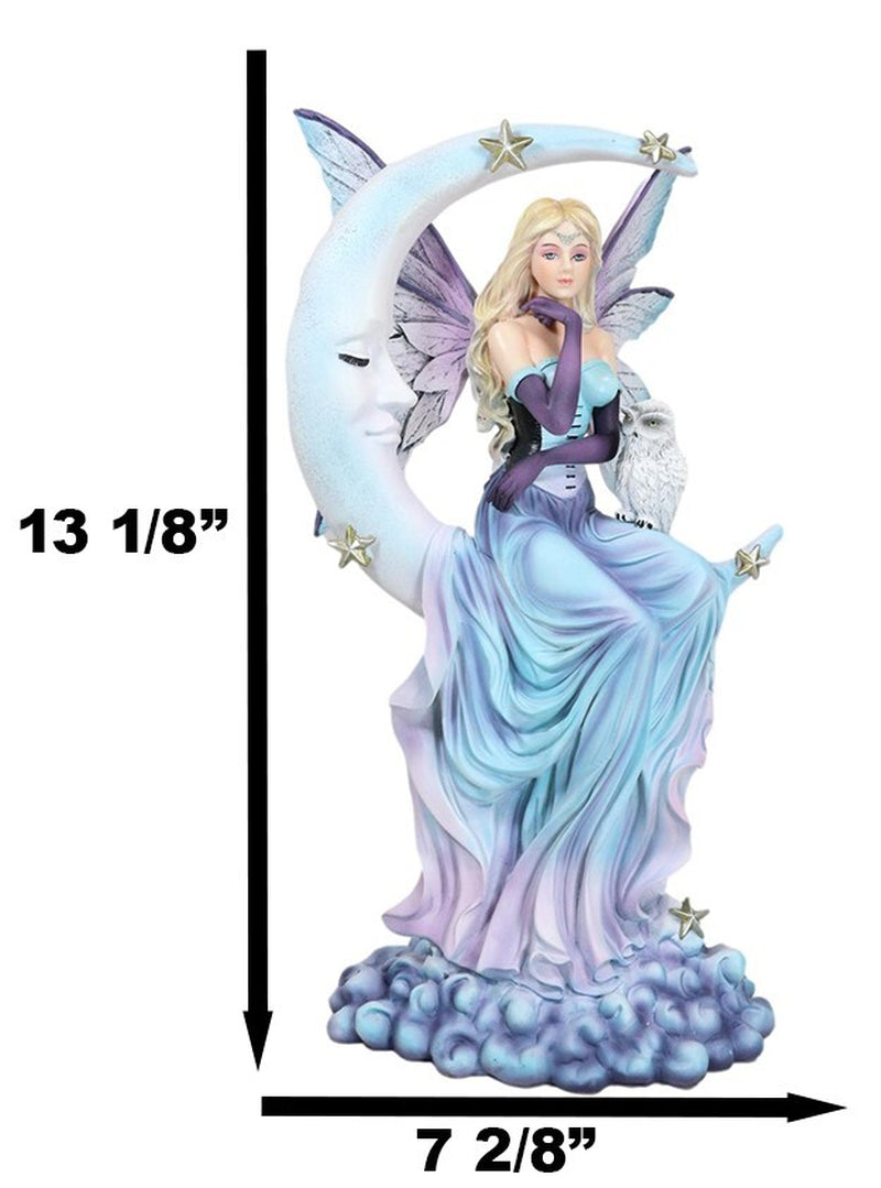 Crescent Moon and Stars Midnight Fairy Luna in Pastel Gown with Snow Owl Statue