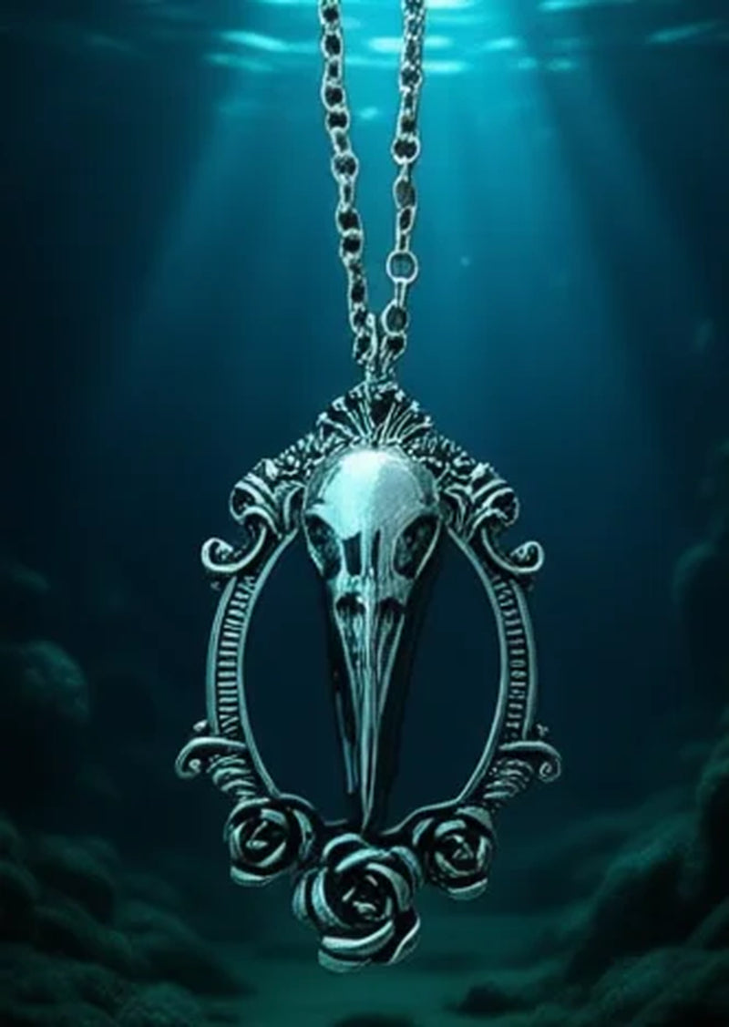 Gothic Crow Raven Bird Skull Necklace Woodpecker Crane Head Oddity Black Enamel Rose Pendant Oddities Goth Jewelry