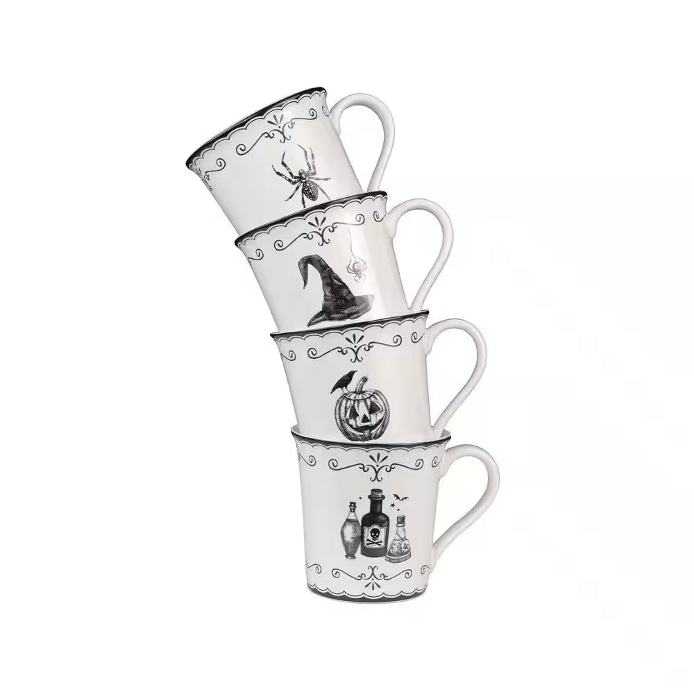 Elegant Haunting 20.29 Oz White Porcelain Halloween Coffee Mugs Set-Witch Hat, Jack-O'-Lantern, Potion & Spider-Set of 4