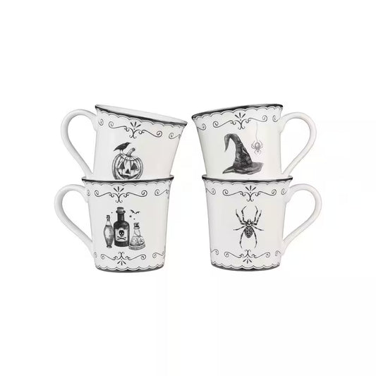 Elegant Haunting 20.29 Oz White Porcelain Halloween Coffee Mugs Set-Witch Hat, Jack-O'-Lantern, Potion & Spider-Set of 4