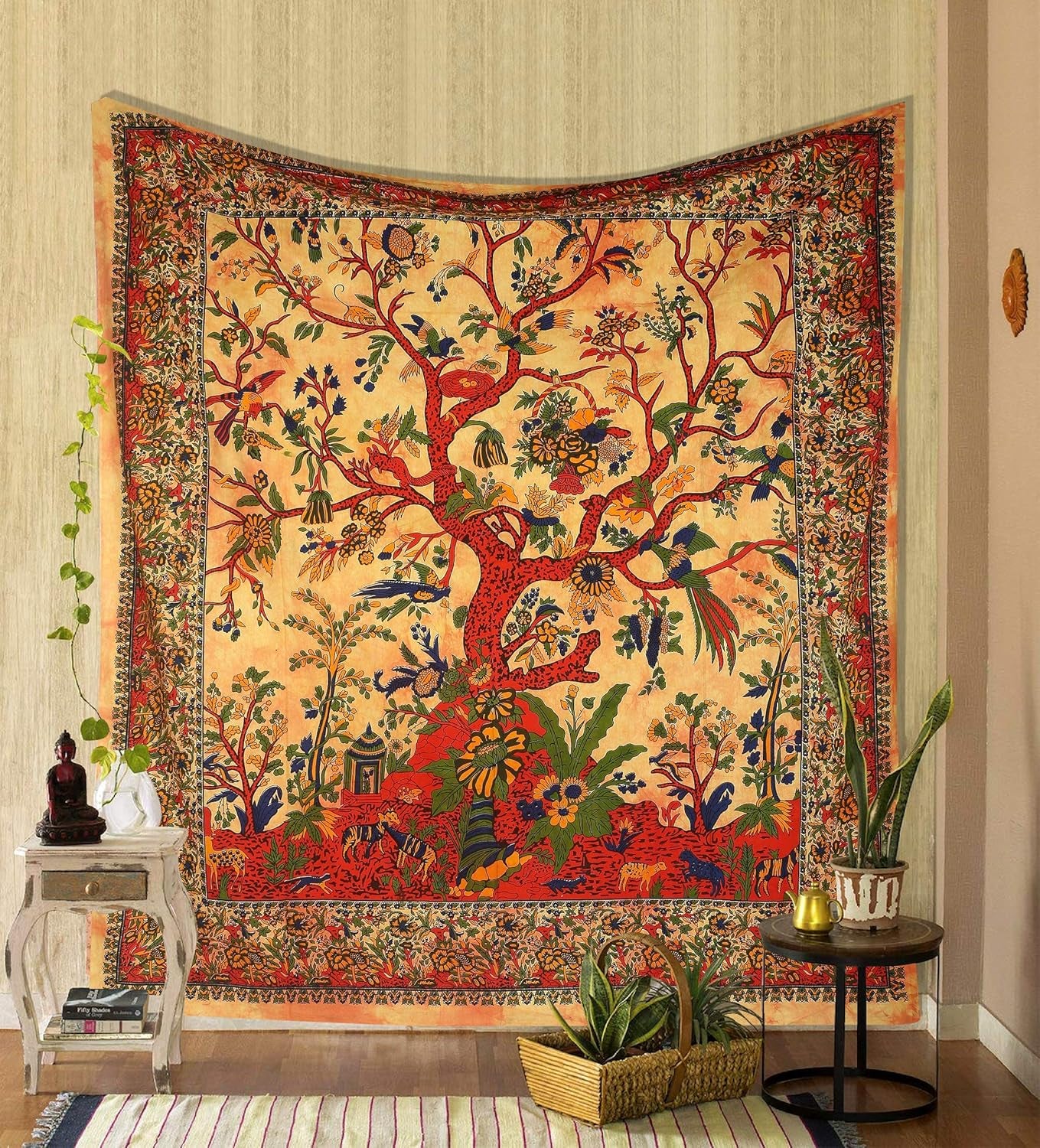 STORE Yellow Orange Tree of Life Wall Hanging Tapestry for Bedroom (Full, 85X90 Inch) – Indian Cotton Bedspread, Picnic Sheet, Nature-Inspired Wall Decor