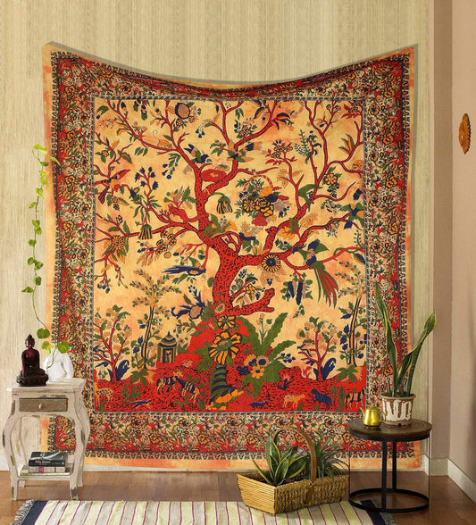 STORE Yellow Orange Tree of Life Wall Hanging Tapestry for Bedroom (Full, 85X90 Inch) – Indian Cotton Bedspread, Picnic Sheet, Nature-Inspired Wall Decor