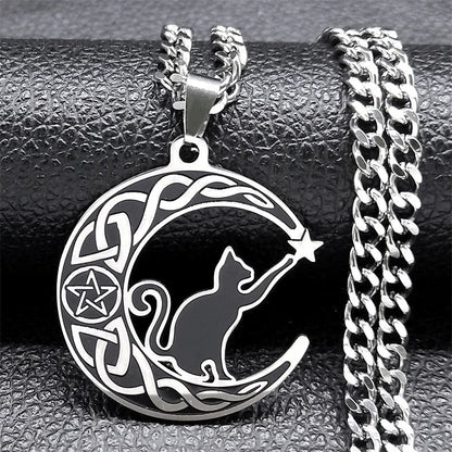 Goth Cat Pentagram Celtic Knot Crescent Necklace Women Stainless Steel Moon Shape Pendant Witch Knots Necklaces Jewelry N7964S03