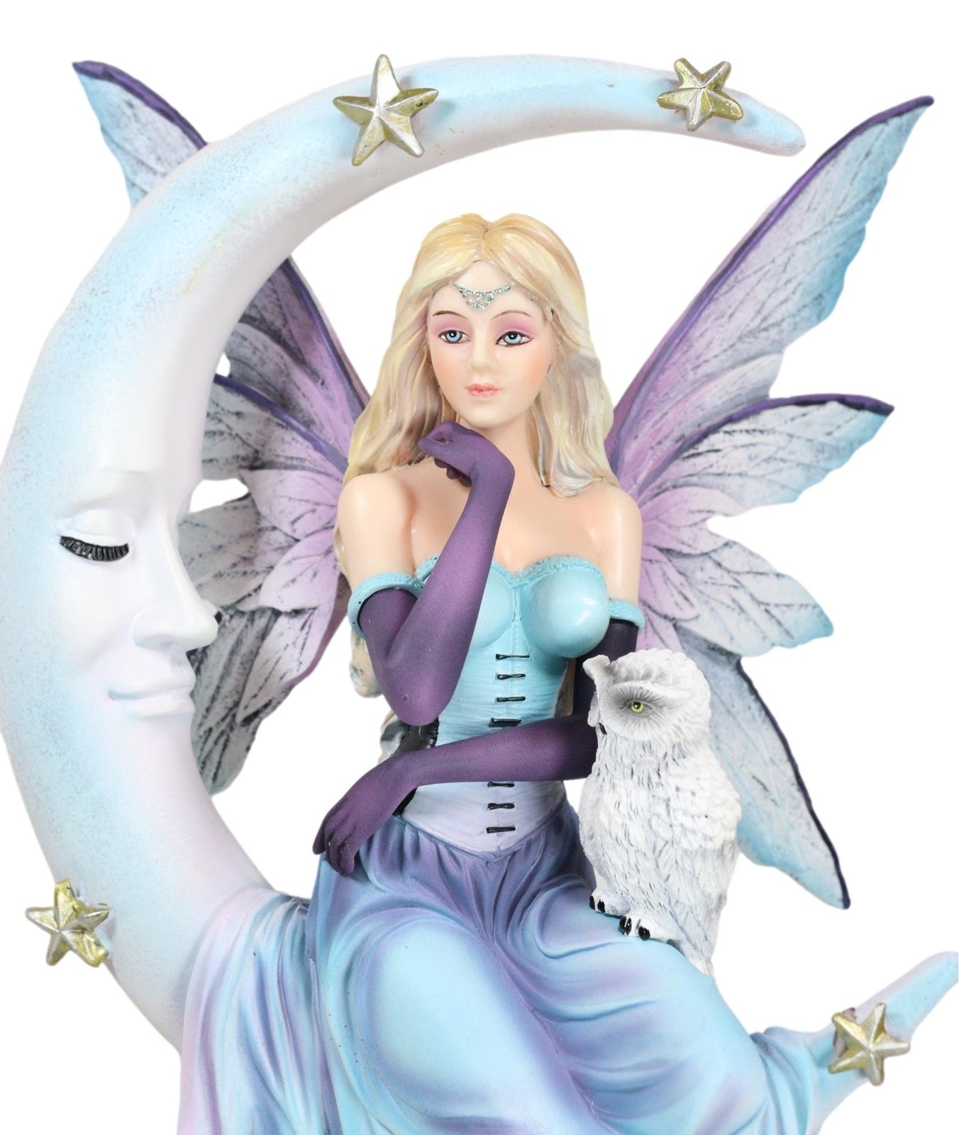 Crescent Moon and Stars Midnight Fairy Luna in Pastel Gown with Snow Owl Statue