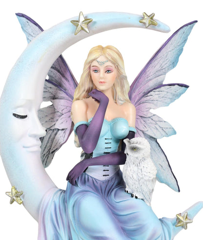 Crescent Moon and Stars Midnight Fairy Luna in Pastel Gown with Snow Owl Statue