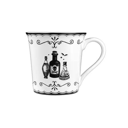 Elegant Haunting 20.29 Oz White Porcelain Halloween Coffee Mugs Set-Witch Hat, Jack-O'-Lantern, Potion & Spider-Set of 4
