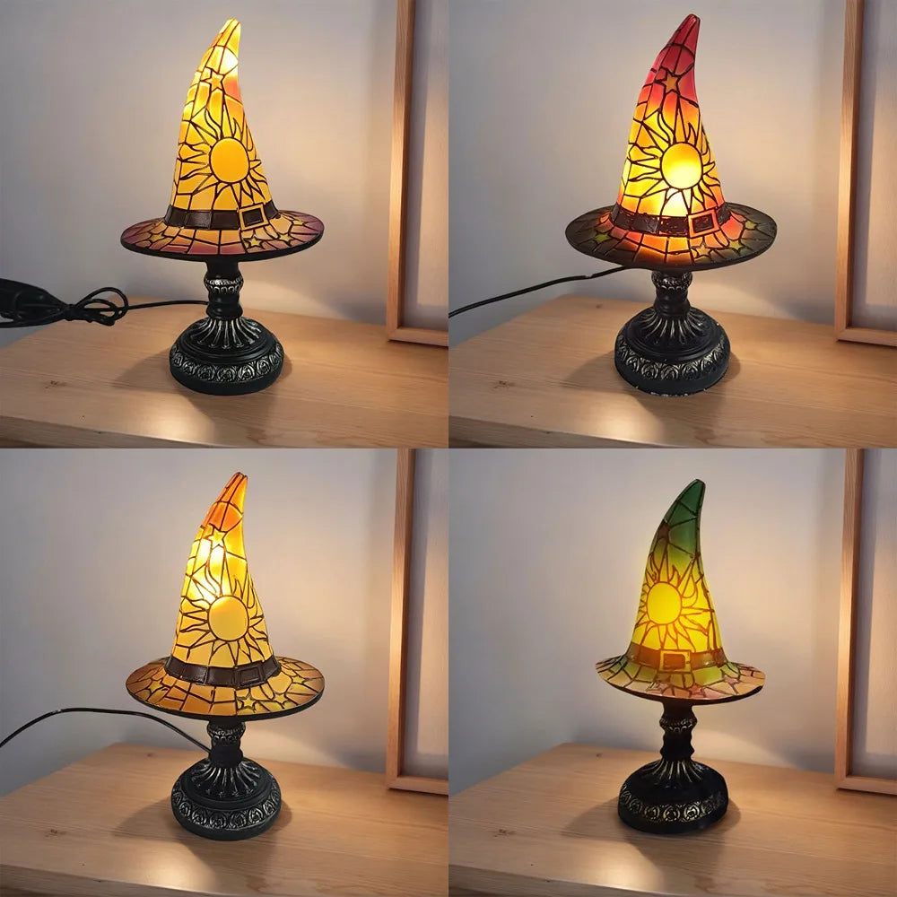 Resin Stained Glass Printed Witch Hat Lamp USB Powered Small Table Lamp Night Light for Living Room Bedroom Halloween Decoration