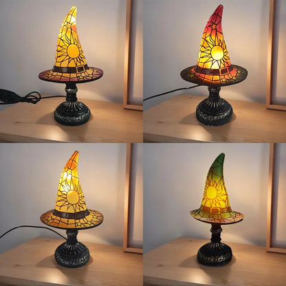 Resin Stained Glass Printed Witch Hat Lamp USB Powered Small Table Lamp Night Light for Living Room Bedroom Halloween Decoration