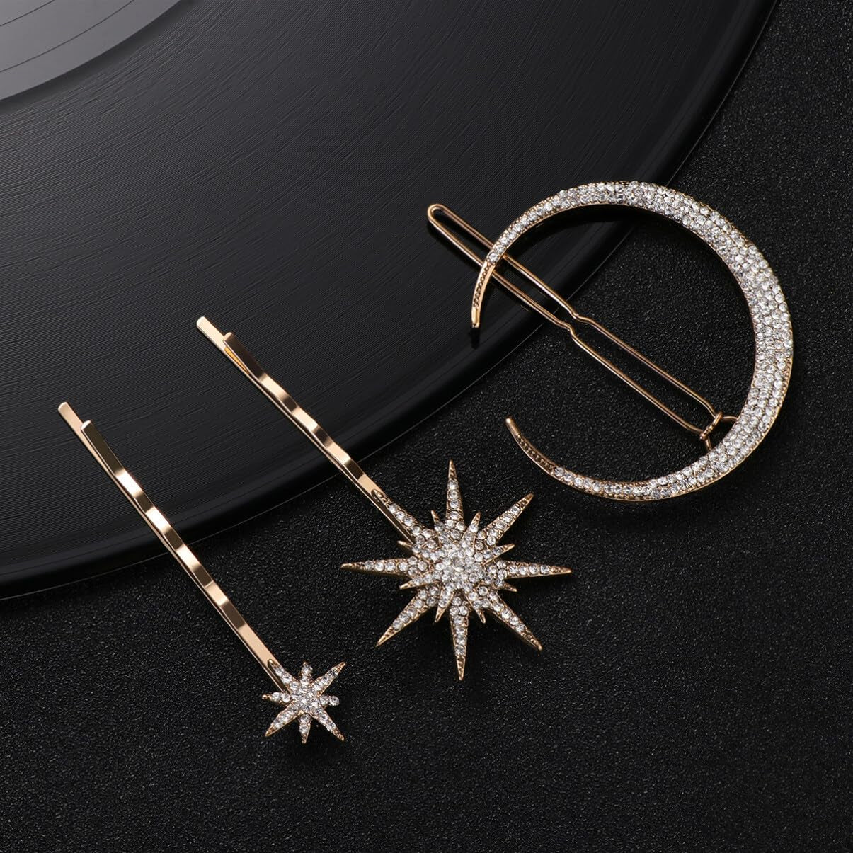 Stars and Moon Hair Accessories: 6 Pieces Rhinestone Metal Alloy Hair Clips, Hairpins for Women Girls (Gold)