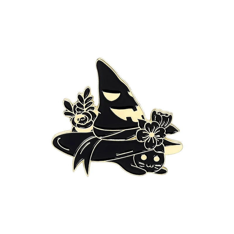 Witch Enamel Pins Collection Witch Hat and Cat Pins up Crescent Moon Black Gothic Lapel Pins Wiccan Brooches Witches Jewelry