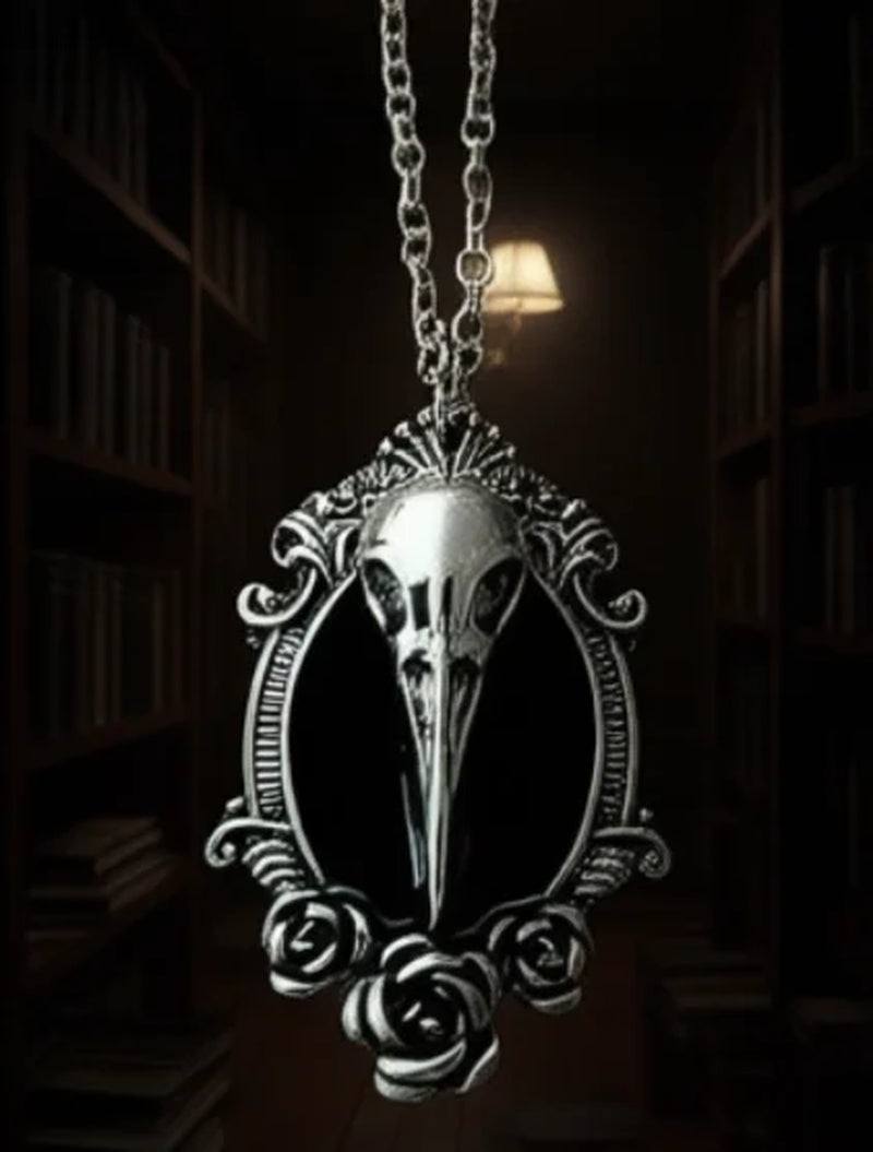 Gothic Crow Raven Bird Skull Necklace Woodpecker Crane Head Oddity Black Enamel Rose Pendant Oddities Goth Jewelry