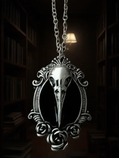 Gothic Crow Raven Bird Skull Necklace Woodpecker Crane Head Oddity Black Enamel Rose Pendant Oddities Goth Jewelry