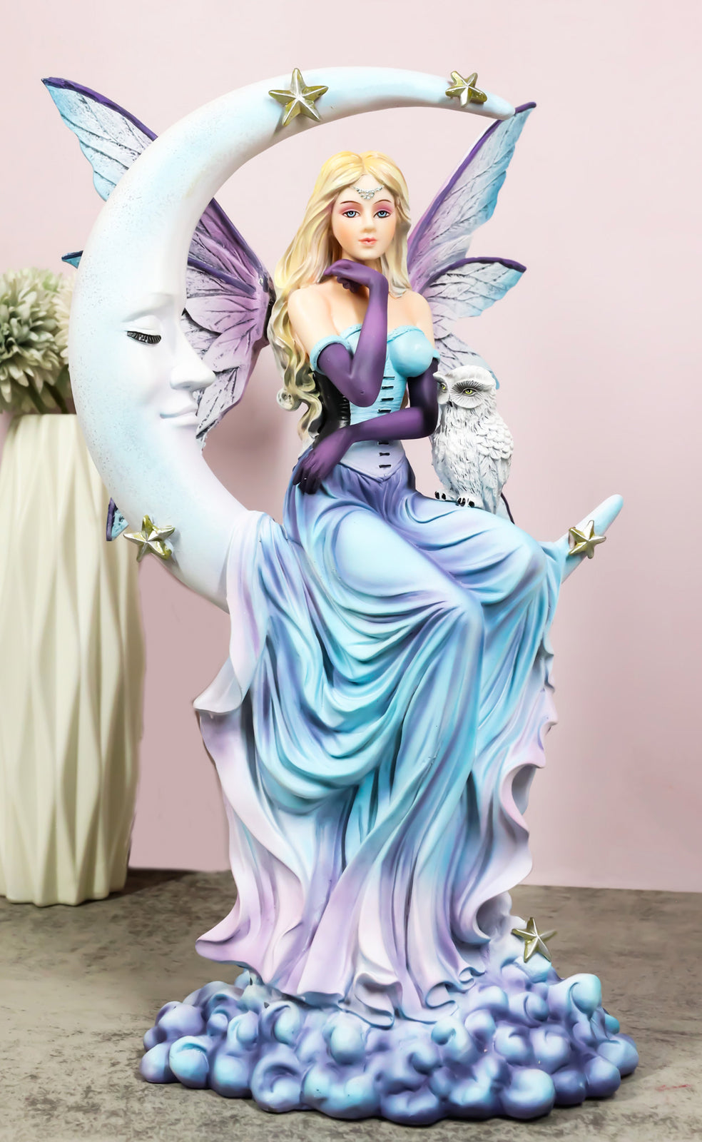Crescent Moon and Stars Midnight Fairy Luna in Pastel Gown with Snow Owl Statue
