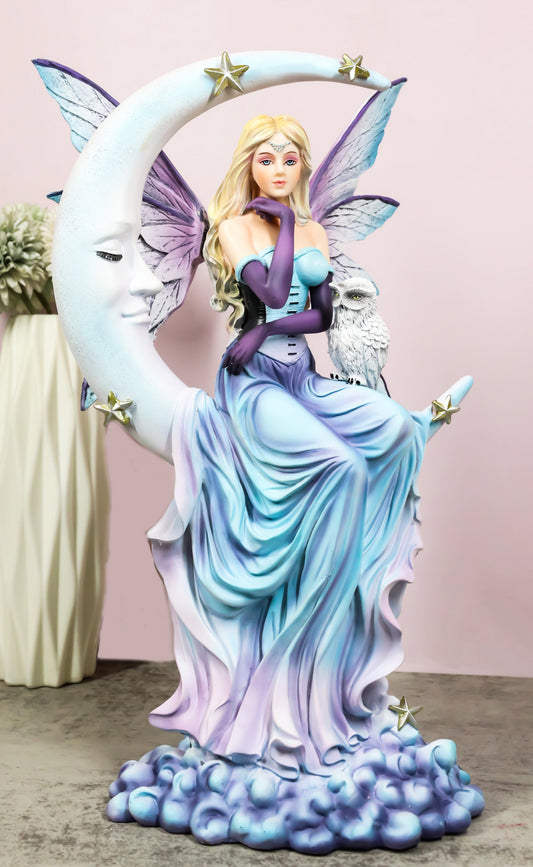 Crescent Moon and Stars Midnight Fairy Luna in Pastel Gown with Snow Owl Statue