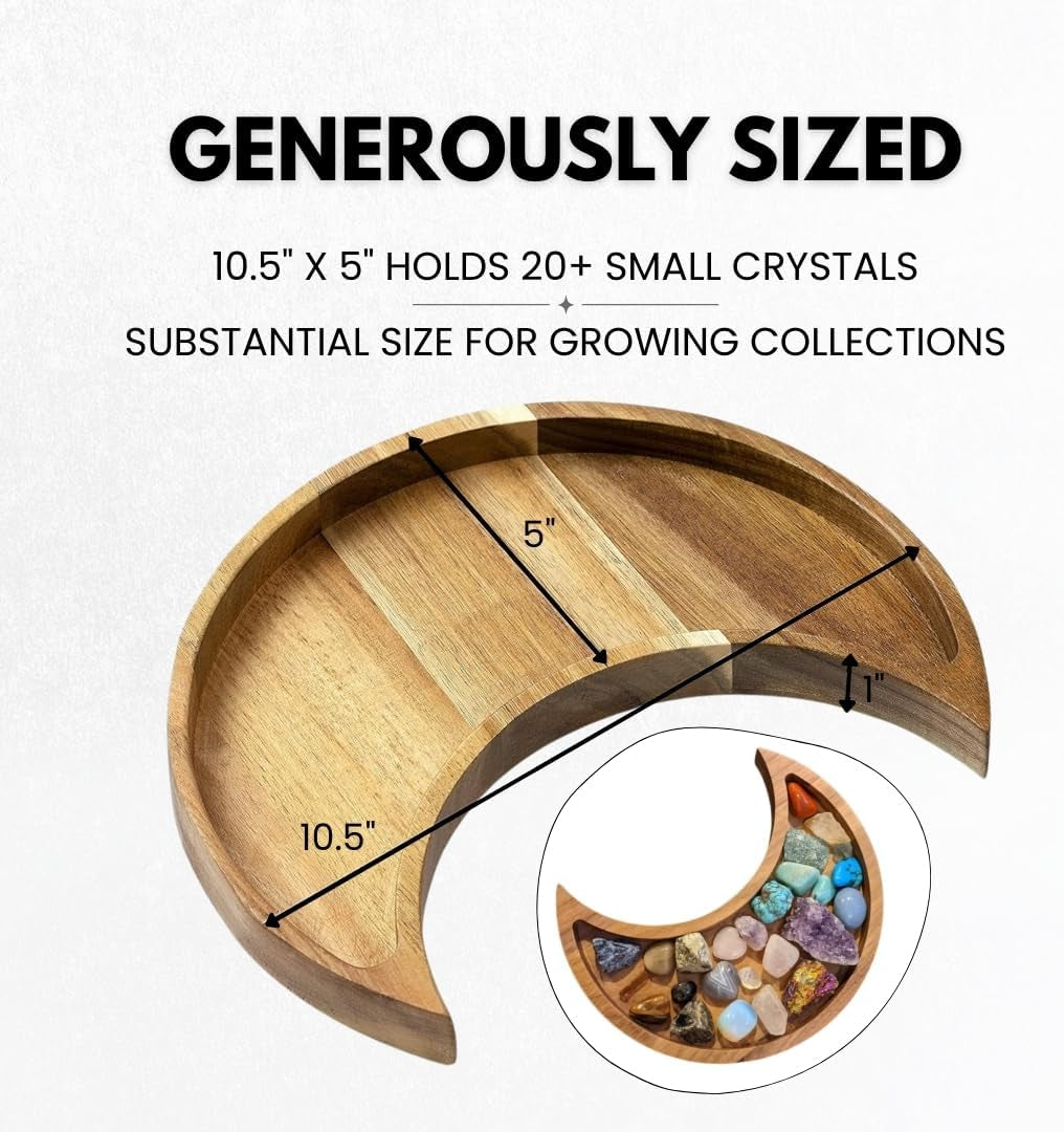 Acacia Wood Moon Crystal Display Tray - Natural Wooden Altar Tray 10.5" X 5" for Crystals and Stones Storage - Solid Wood Jewelry Organizer Dish - Boho Bedroom Decor
