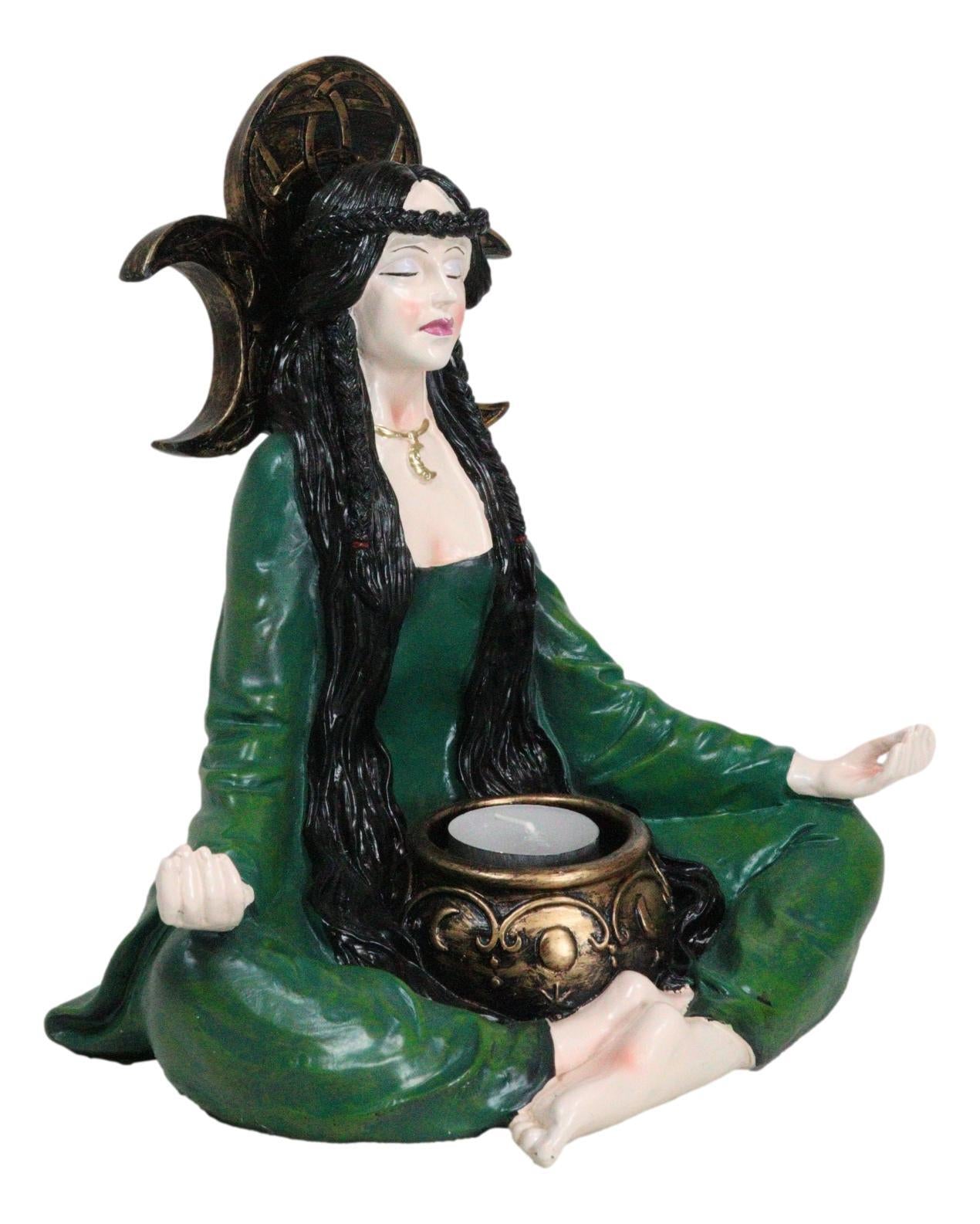 Wicca Witch Meditating with Triple Moon Sign and Cauldron Votive Candle Holder
