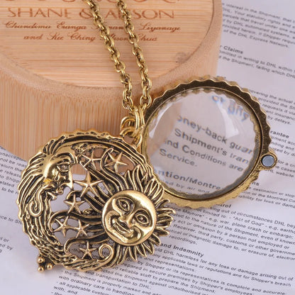 Magnifier Glass Pendant Sun with Moon and Stars Necklace Antique Gold Color Jewelry Opens and Closes