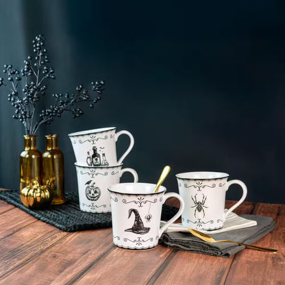 Elegant Haunting 20.29 Oz White Porcelain Halloween Coffee Mugs Set-Witch Hat, Jack-O'-Lantern, Potion & Spider-Set of 4