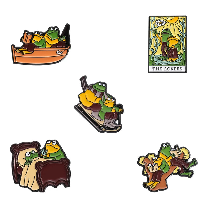 Frog and Toad Enamel Pins Couple Skiing by Boat Park Dating Brooches Lapel Badges Cartoon Animal Jewelry Gift for Lover Friends