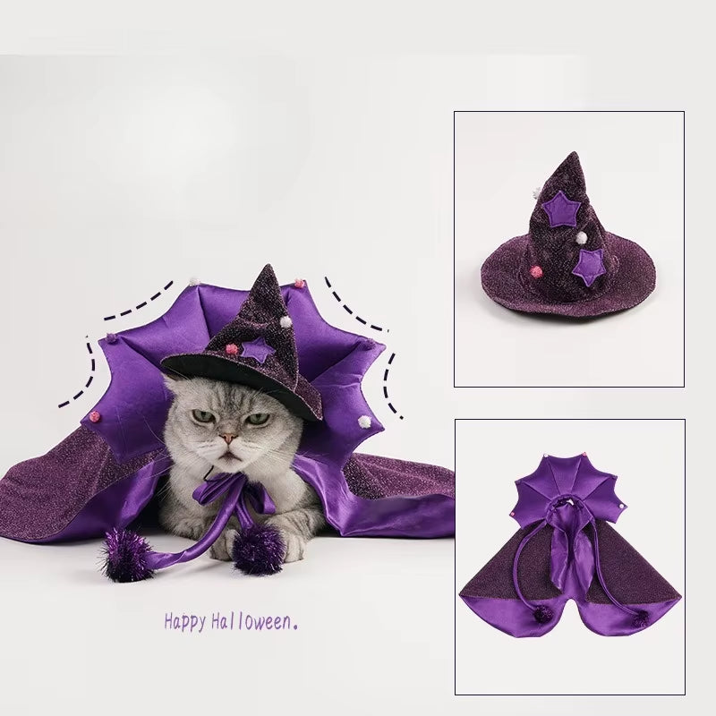 Funny Star Pet Witch Cloak Soft Cloth Purple Halloween Pet Cloak Dog Witch Costume Cat Demon Cloak Magic Hat Cos Costume