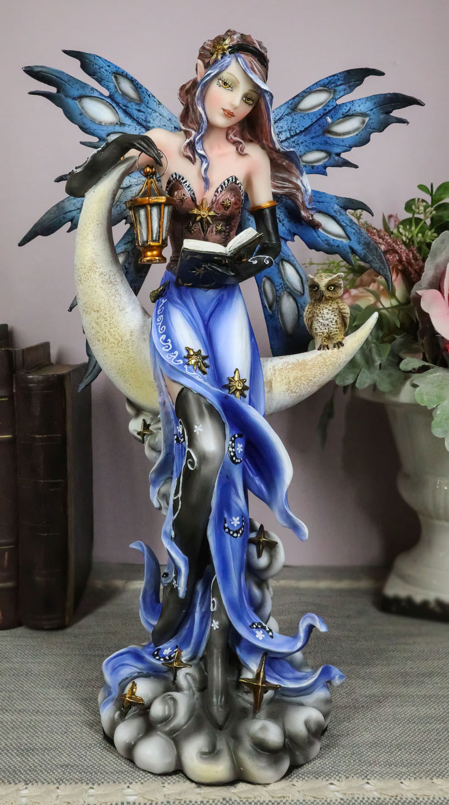 Fairy with Book Lantern and Owl on Crescent Moon Clouds and Stars Statue 14" H