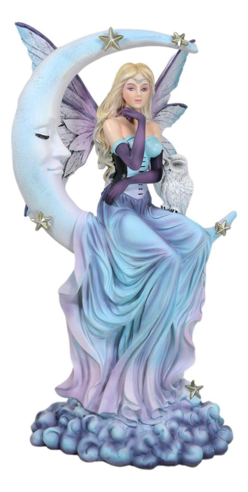 Crescent Moon and Stars Midnight Fairy Luna in Pastel Gown with Snow Owl Statue