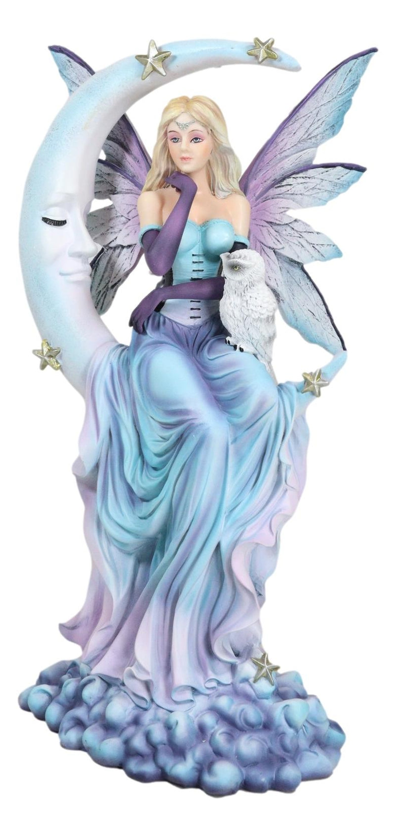 Crescent Moon and Stars Midnight Fairy Luna in Pastel Gown with Snow Owl Statue