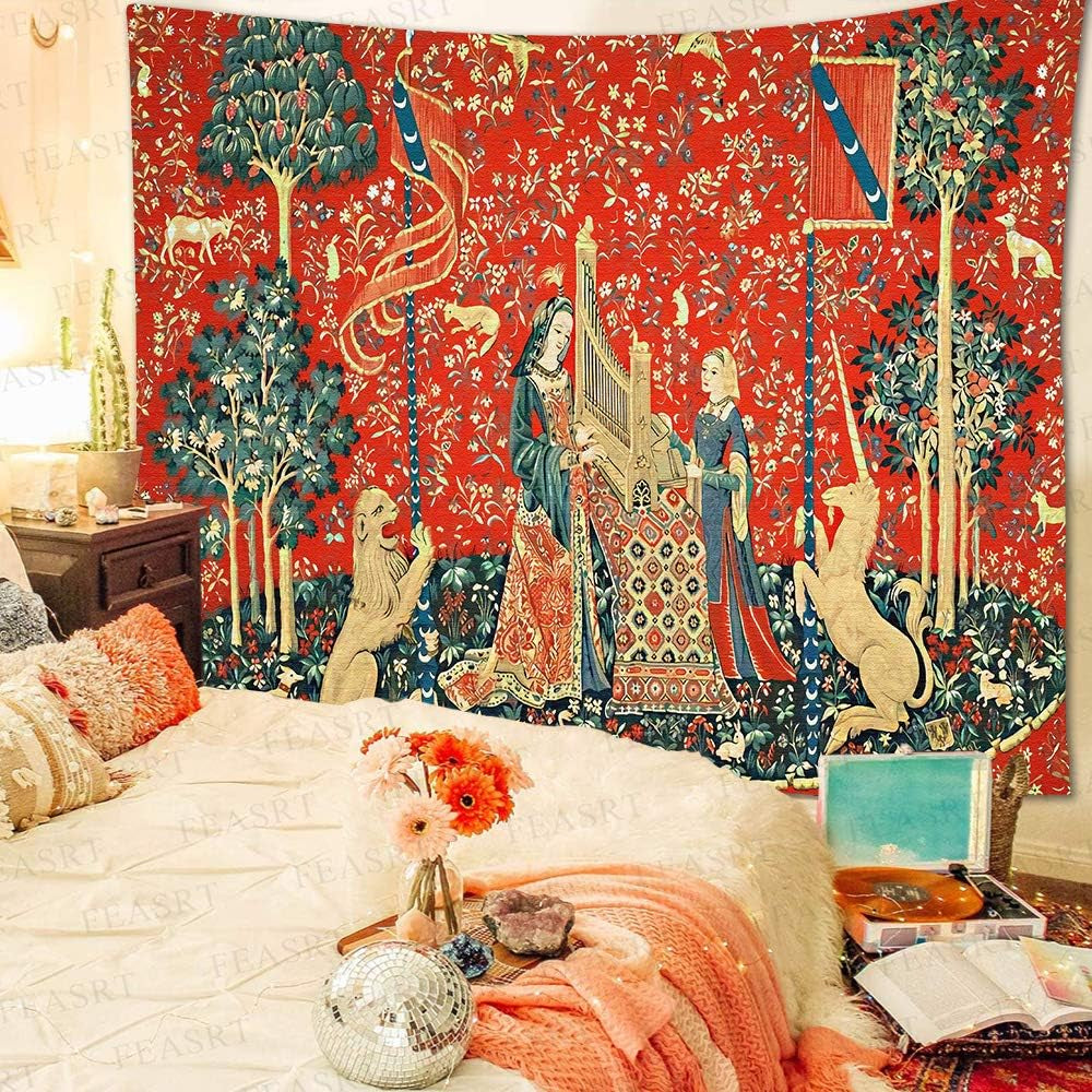 Medieval French Art Tapestry - Maiden and Unicorn - European Royal Princess - Wall Hanging for 80X60 Inch Bedroom & Living Room Decor