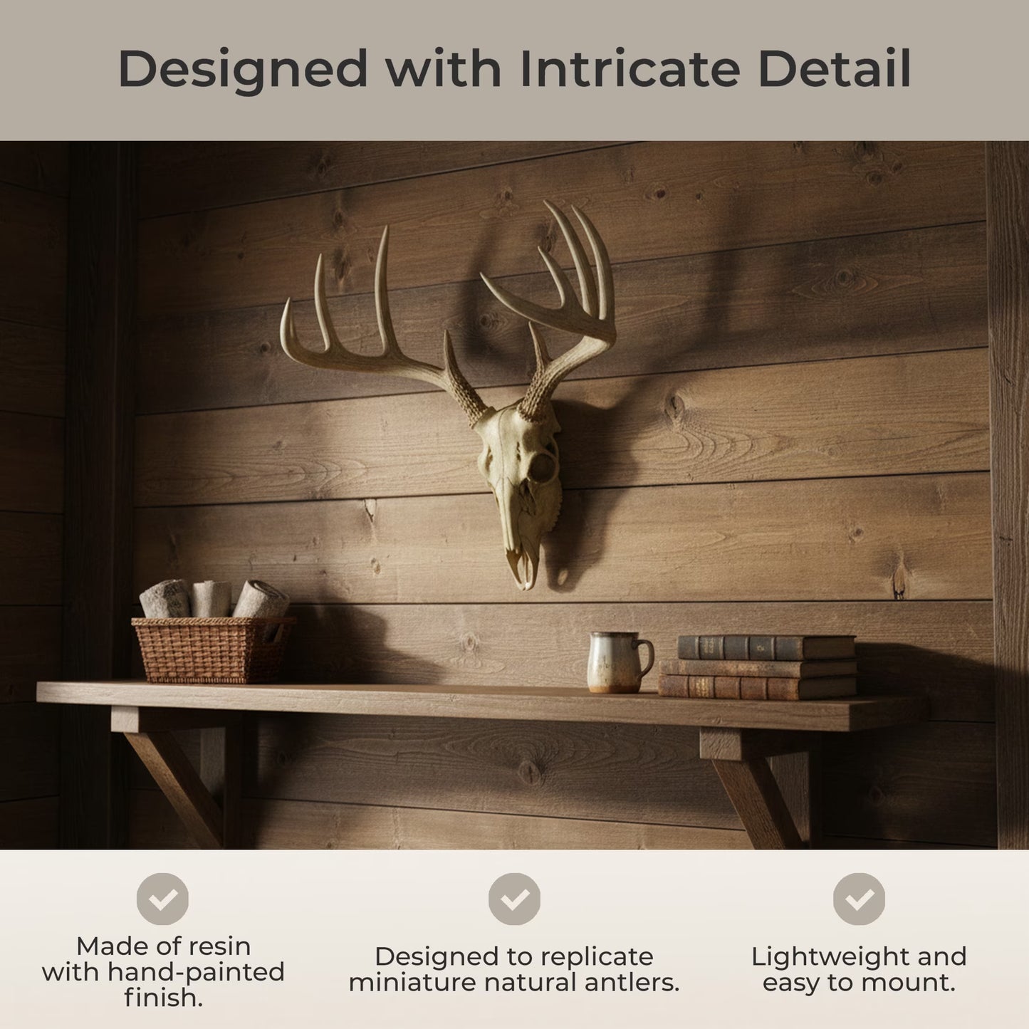 Faux Aged Finish Deer Skull 10 Point Antlers Wall Sculpture 15 Inch