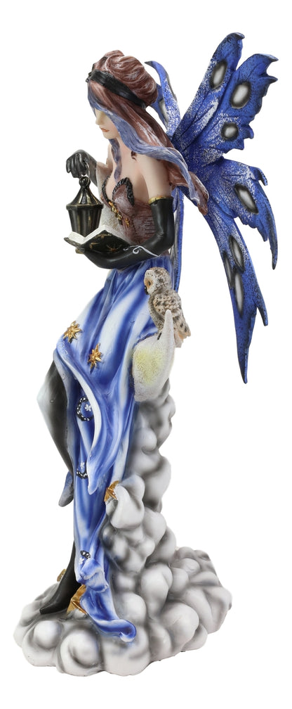 Fairy with Book Lantern and Owl on Crescent Moon Clouds and Stars Statue 14" H