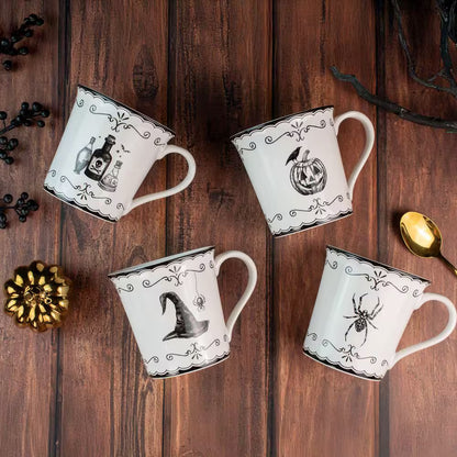 Elegant Haunting 20.29 Oz White Porcelain Halloween Coffee Mugs Set-Witch Hat, Jack-O'-Lantern, Potion & Spider-Set of 4