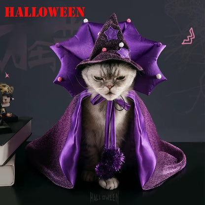 Funny Star Pet Witch Cloak Soft Cloth Purple Halloween Pet Cloak Dog Witch Costume Cat Demon Cloak Magic Hat Cos Costume