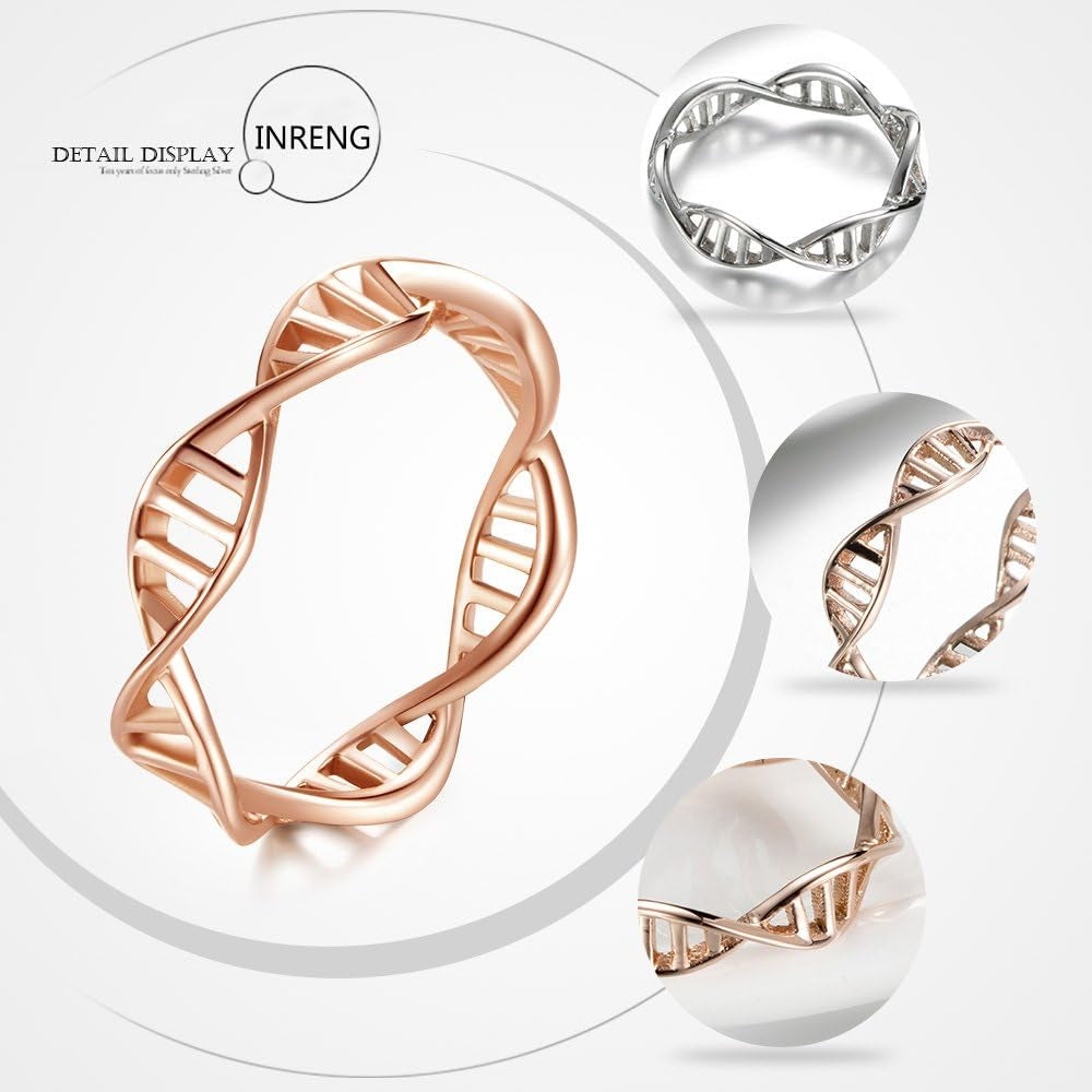 Women'S Stainless Steel DNA Ring Chemistry Science Molecule Twist Rope Helix Band Silver, Rose-Gold, Gold
