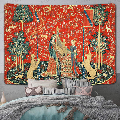 Medieval French Art Tapestry - Maiden and Unicorn - European Royal Princess - Wall Hanging for 80X60 Inch Bedroom & Living Room Decor