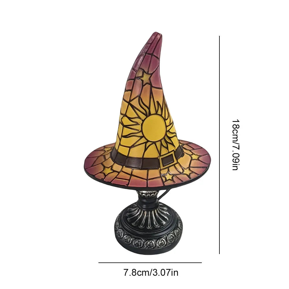 Resin Stained Glass Printed Witch Hat Lamp USB Powered Small Table Lamp Night Light for Living Room Bedroom Halloween Decoration