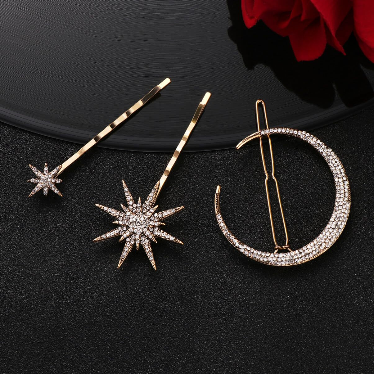 Stars and Moon Hair Accessories: 6 Pieces Rhinestone Metal Alloy Hair Clips, Hairpins for Women Girls (Gold)