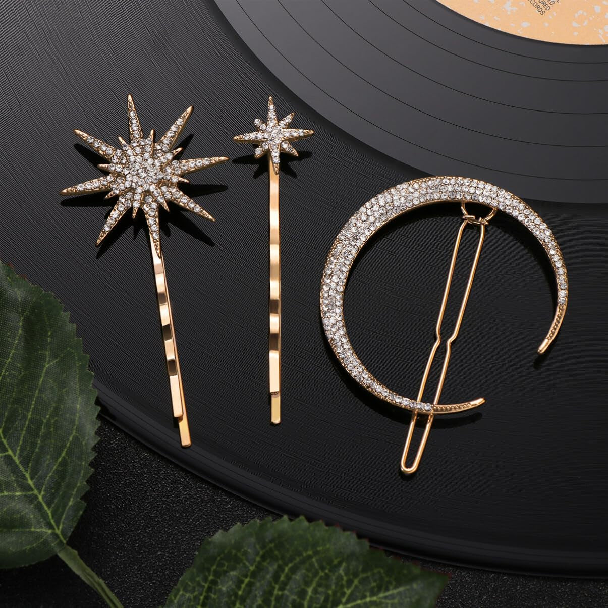 Stars and Moon Hair Accessories: 6 Pieces Rhinestone Metal Alloy Hair Clips, Hairpins for Women Girls (Gold)