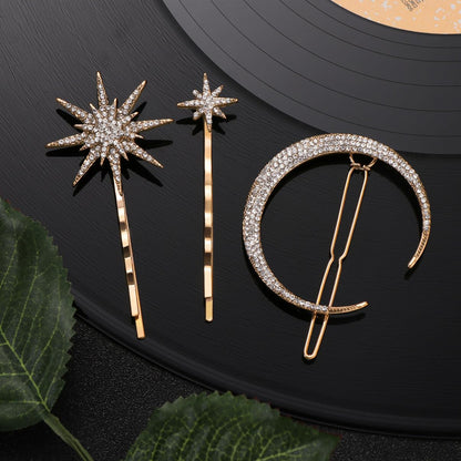 Stars and Moon Hair Accessories: 6 Pieces Rhinestone Metal Alloy Hair Clips, Hairpins for Women Girls (Gold)