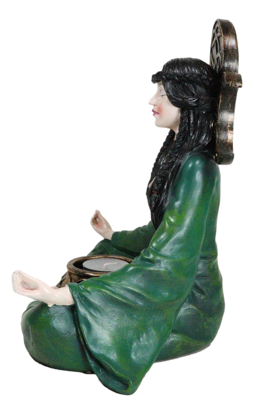 Wicca Witch Meditating with Triple Moon Sign and Cauldron Votive Candle Holder