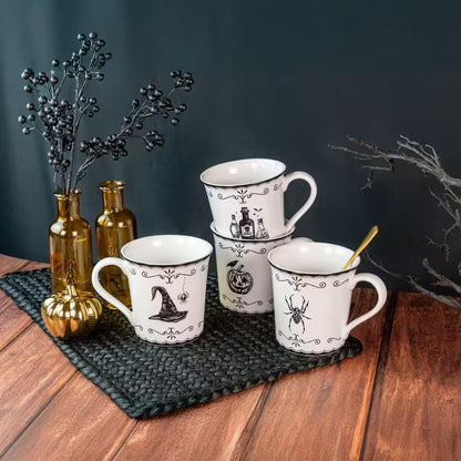 Elegant Haunting 20.29 Oz White Porcelain Halloween Coffee Mugs Set-Witch Hat, Jack-O'-Lantern, Potion & Spider-Set of 4
