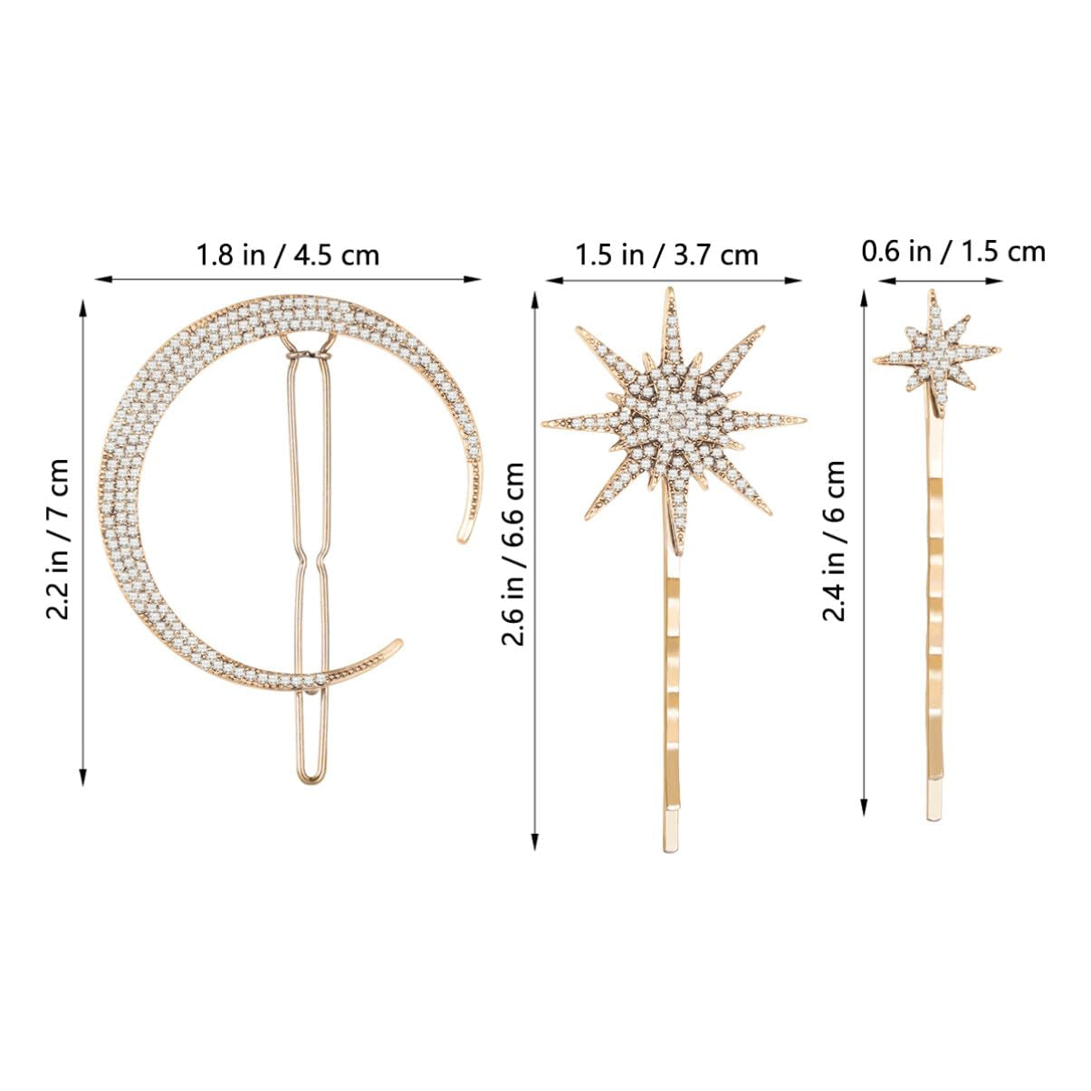 Stars and Moon Hair Accessories: 6 Pieces Rhinestone Metal Alloy Hair Clips, Hairpins for Women Girls (Gold)