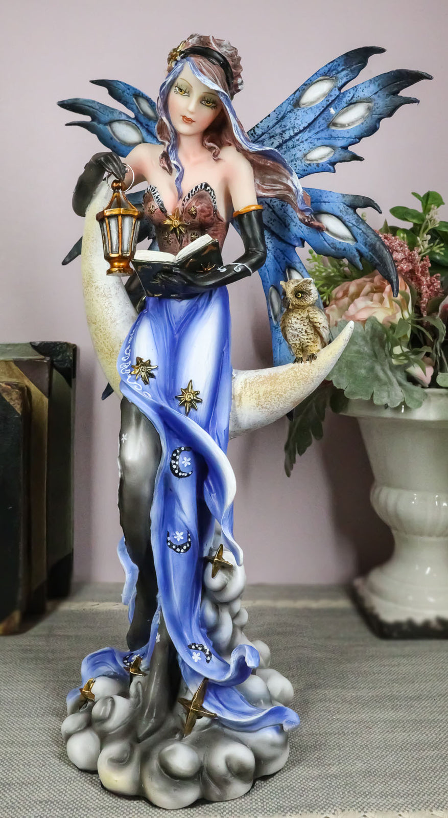 Fairy with Book Lantern and Owl on Crescent Moon Clouds and Stars Statue 14" H