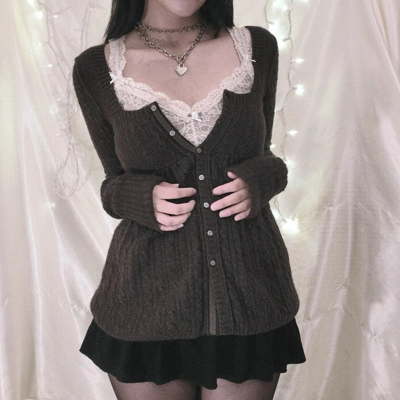 Coquette Grunge Y2K 00S Vintage Sweater Single Breasted Long Sleeve Cardigan 00S Aesthetic Kawaii Knitwear T-Shirt Women Clothes