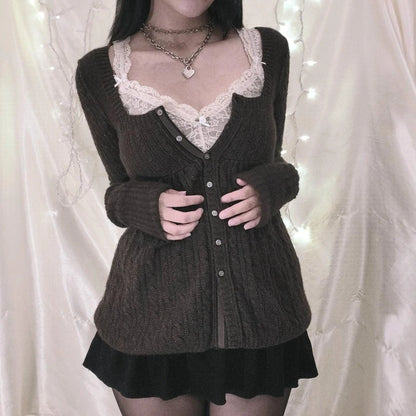 Coquette Grunge Y2K 00S Vintage Sweater Single Breasted Long Sleeve Cardigan 00S Aesthetic Kawaii Knitwear T-Shirt Women Clothes