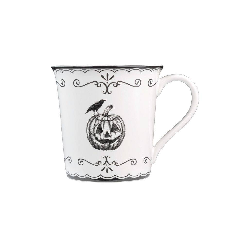 Elegant Haunting 20.29 Oz White Porcelain Halloween Coffee Mugs Set-Witch Hat, Jack-O'-Lantern, Potion & Spider-Set of 4