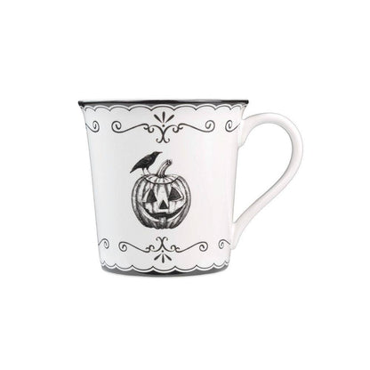 Elegant Haunting 20.29 Oz White Porcelain Halloween Coffee Mugs Set-Witch Hat, Jack-O'-Lantern, Potion & Spider-Set of 4