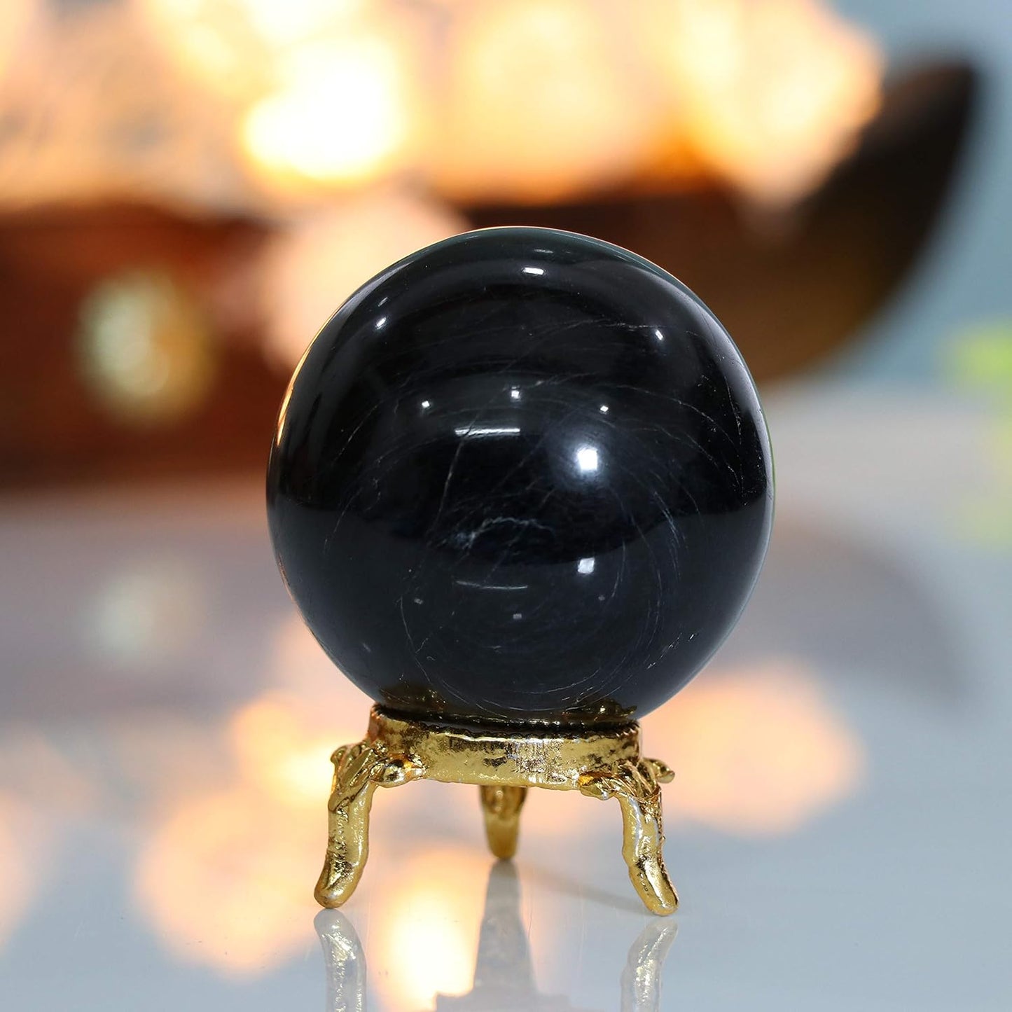 55Mm Black Obsidian Stone Sphere Ball with Metal Stand 1400+ Carats Gemstone Ball Healing Sphere Sculpture Figurine for Fengshui Divination Home Decoration Crystal Sphere