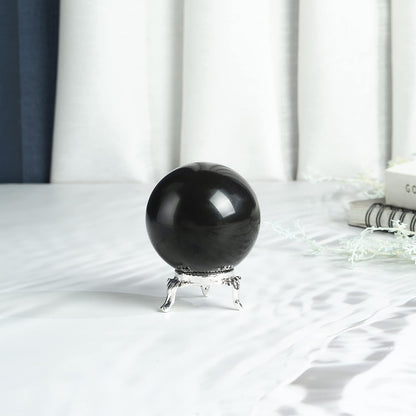55Mm Black Obsidian Stone Sphere Ball with Metal Stand 1400+ Carats Gemstone Ball Healing Sphere Sculpture Figurine for Fengshui Divination Home Decoration Crystal Sphere