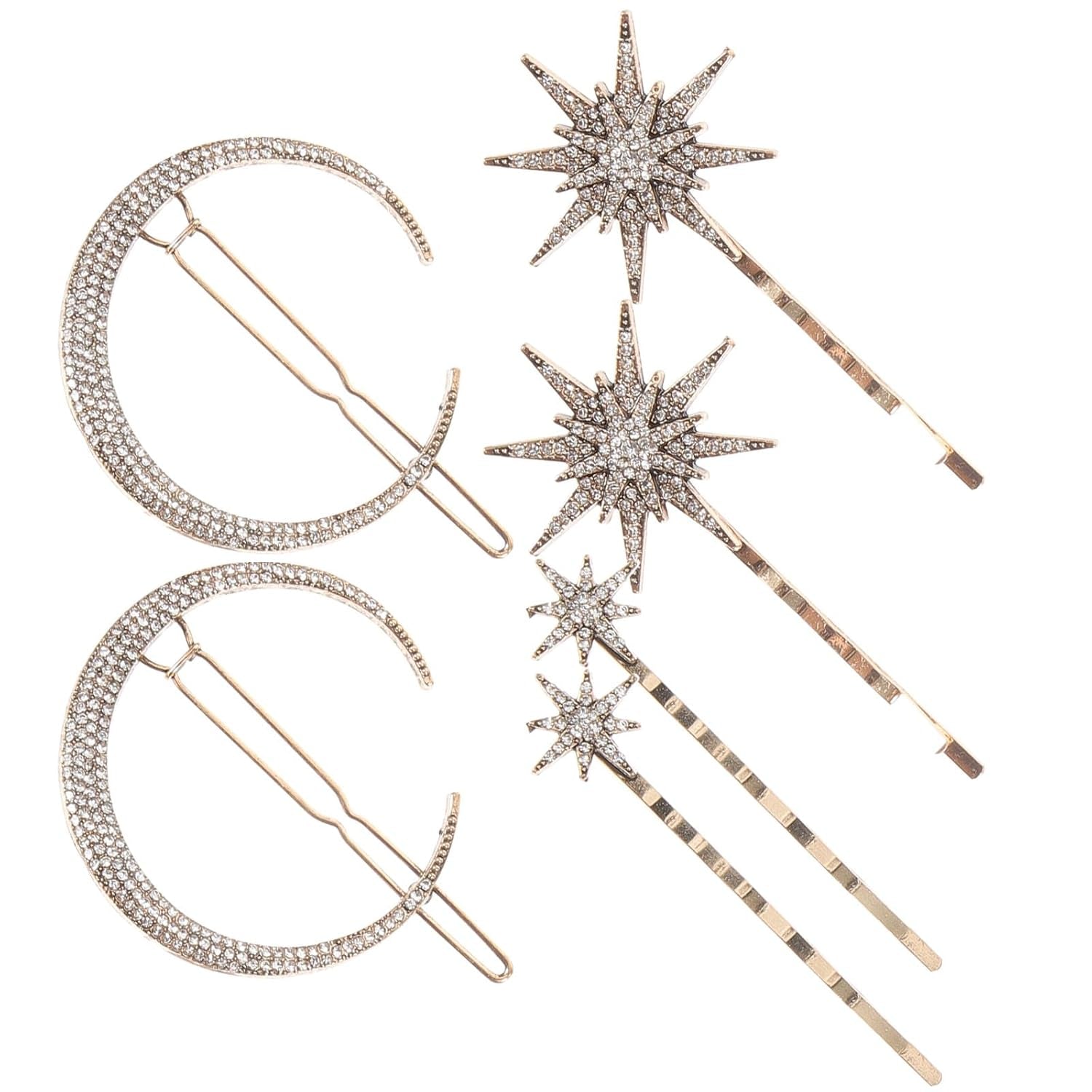 Stars and Moon Hair Accessories: 6 Pieces Rhinestone Metal Alloy Hair Clips, Hairpins for Women Girls (Gold)