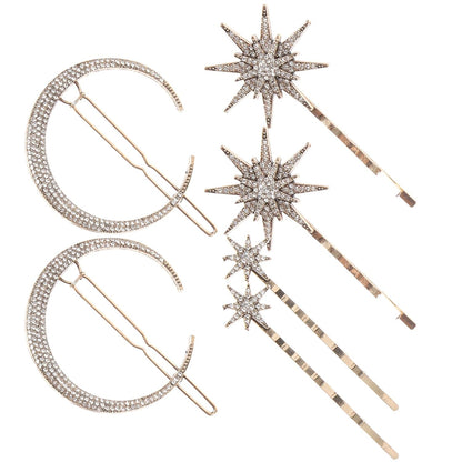 Stars and Moon Hair Accessories: 6 Pieces Rhinestone Metal Alloy Hair Clips, Hairpins for Women Girls (Gold)